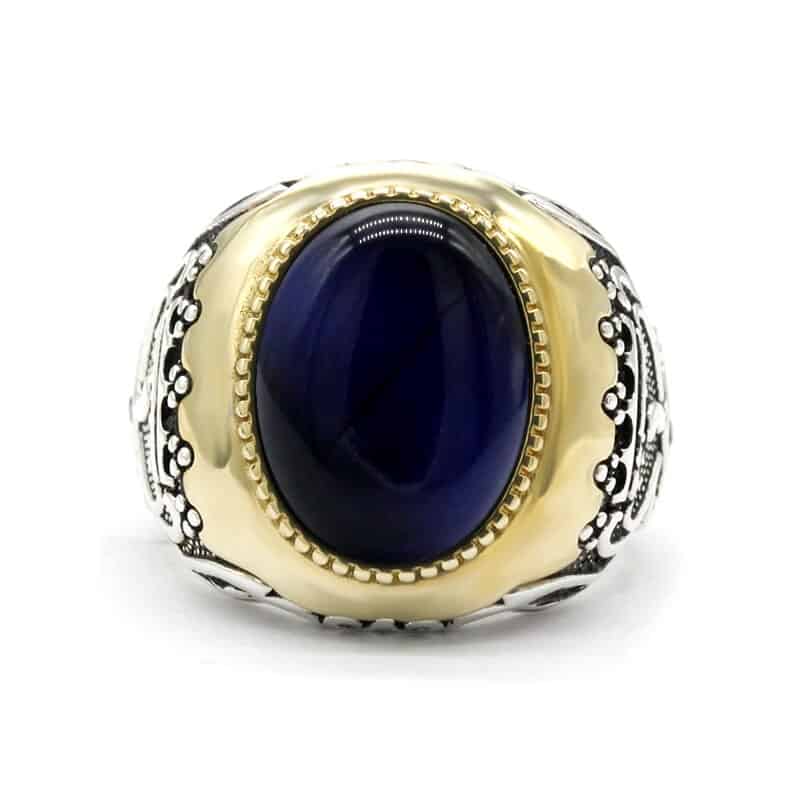 Blauer Tigerauge-Stein-Silber-Siegelring
