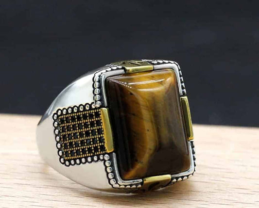 Silberring mit Tigerauge-Stein in Gelb-Schwarz