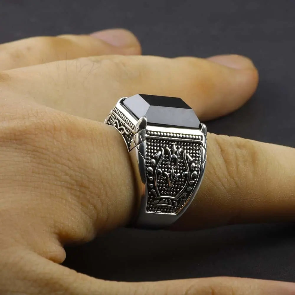 Silber Siegelring für Herren mit Schwarzem Stein Ringsilber