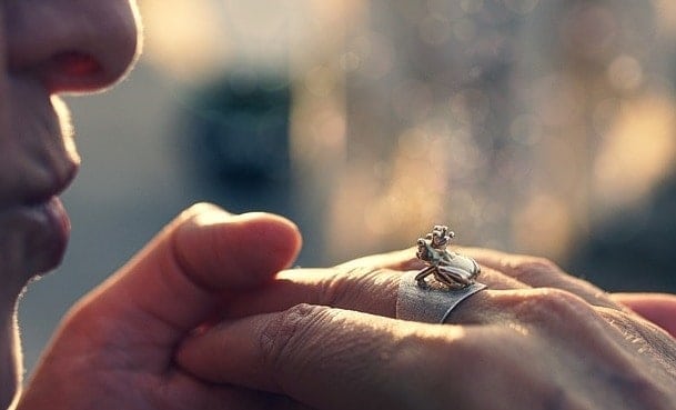 Die Frau hat einen silbernen Ring in Form eines Frosches an ihrem Finger