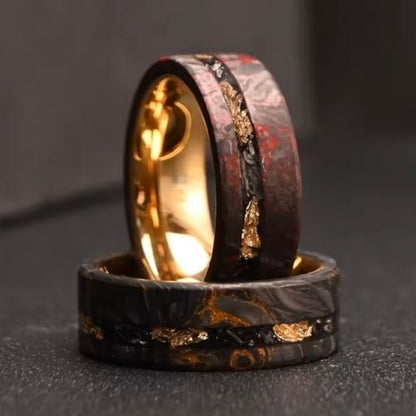 Herren Eheringe 'Forged Carbon' – Kupfer-Ader & Gold-Interieur, 8 mm Ringsilber