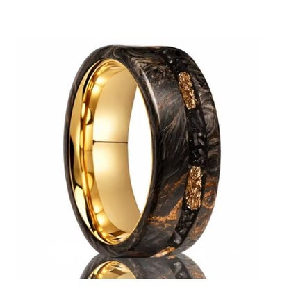 Herren Eheringe 'Forged Carbon' – Kupfer-Ader & Gold-Interieur, 8 mm Ringsilber