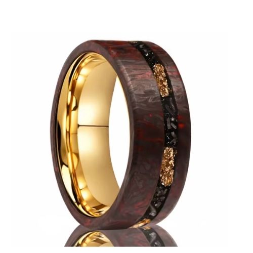 Herren Eheringe 'Forged Carbon' – Kupfer-Ader & Gold-Interieur, 8 mm Ringsilber