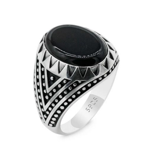 Herrenring aus natürlichem schwarzem Stein Ringsilber