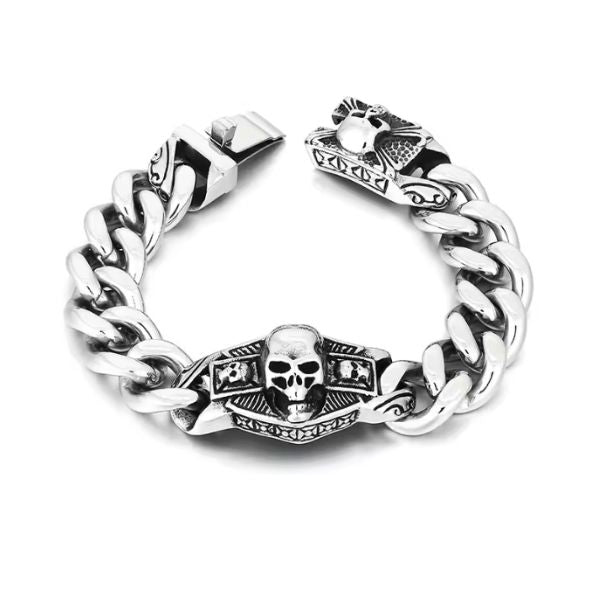 Kubanisches Kettenarmband mit Totenkopf Ringsilber