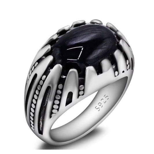 Retro-Herrenring-aus-schwarzem-Achat-Stein