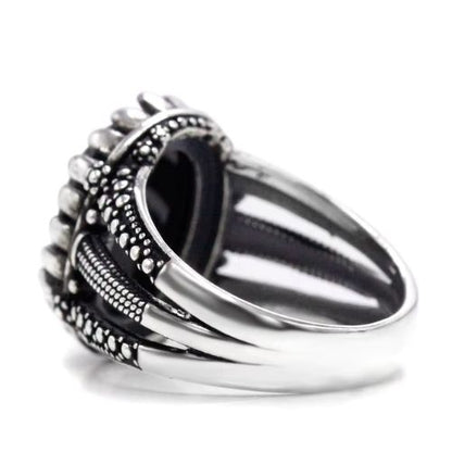 Vintage-Herrenring aus schwarzem Achat Stein Ringsilber