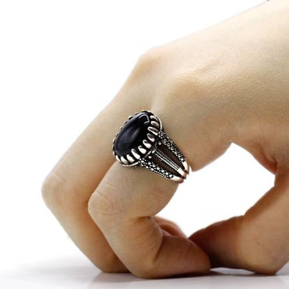 Vintage-Herrenring aus schwarzem Achat Stein Ringsilber