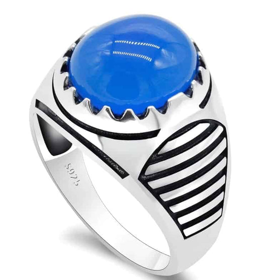 Moderner bestickter Ring aus Sterlingsilber mit blauem Stein für Männer