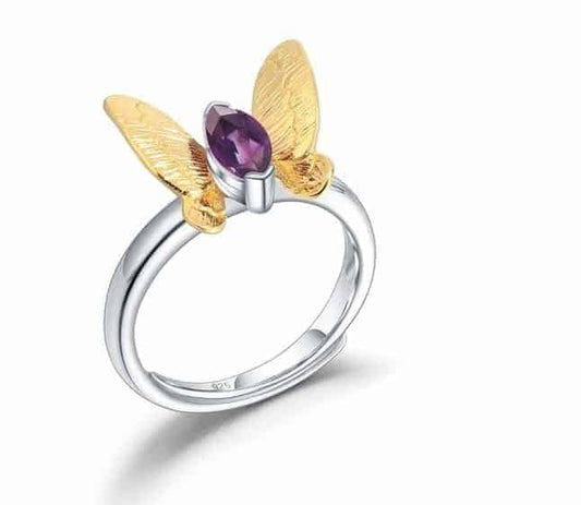 Lila farbiger Amethyst-Stein-Silber-Schmetterlings-Ring