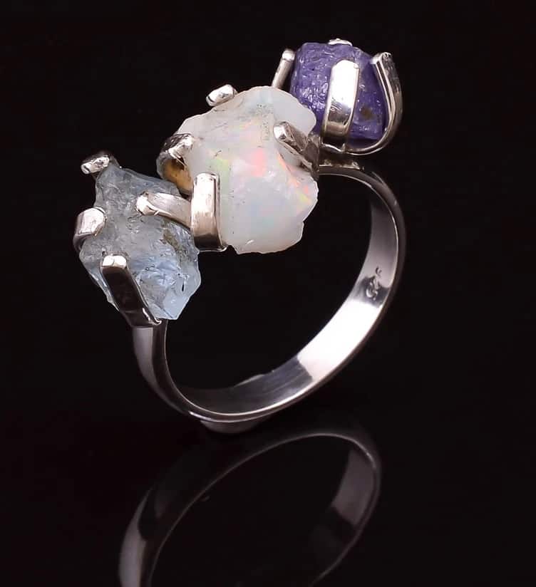 Weißer blauer grüner Opal-Stein-Sterling-Silber Ring