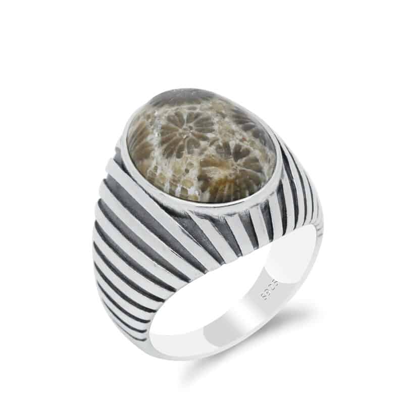 Sterling silver men's ring with large coral stone