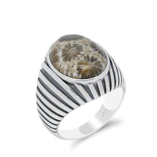 Sterling silver men's ring with large coral stone