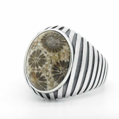 Sterling silver men's ring with large coral stone